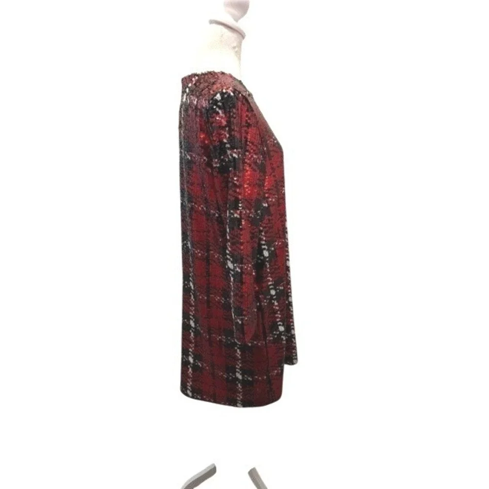 Tuckernuck Womens Medium Red Sequin Tartan Plaid Shift Dress 3/4 Sleeve Mini - Picture 2 of 9
